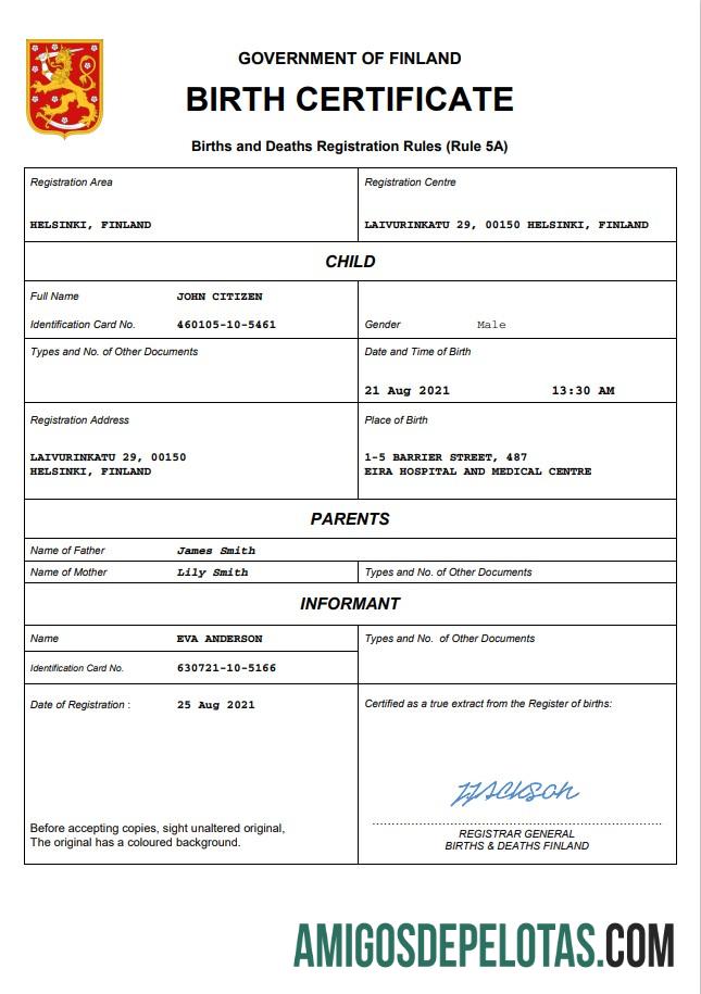 Imprimível modelo Word e PDF de certidão de nascimento de registro vital da Finlândia